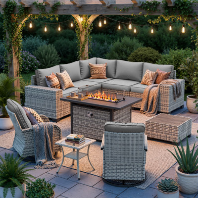 Ensemble de conversation modulaire de patio 10 pièces avec table de foyer et chaises berçantes pivotantes