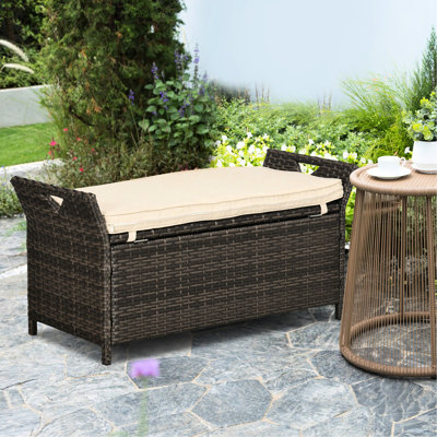 27 Gallon Deck Storage Bench, Pe Patio Furniture, Cream White With Handles, 21 For Outdoor Leisure Trunk, Bench Cushion, White, Practical Furniture