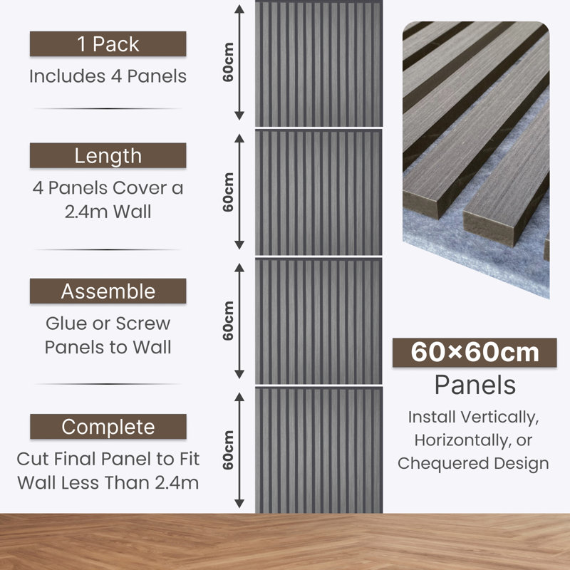 Mehreen 60 cm x 60 cm 3D Wall Panel (4-pack), Grey Ash