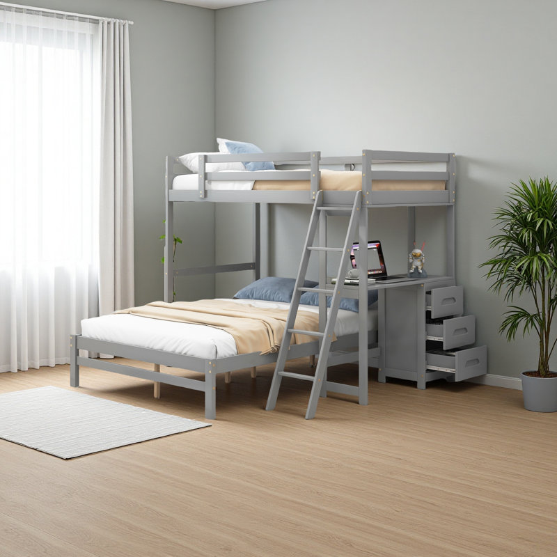 Lit superposé simple au dessus d'un lit double avec bureau intégré et trois tiroirs, Gris