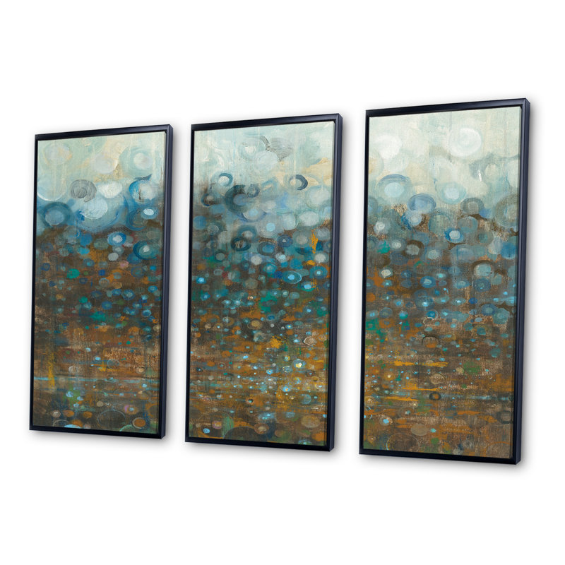 «Blue and Bronze Dots», peinture sur toile 3 pièces, H 28 po x l 36 po, Noir