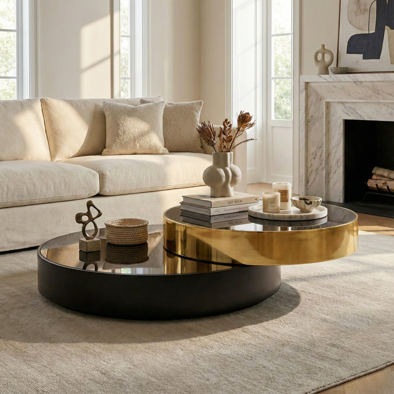 Modern Coffee Table with Mirror Black Glass Top and Stainless Steel Frame, Stylish and Durable for Living Room