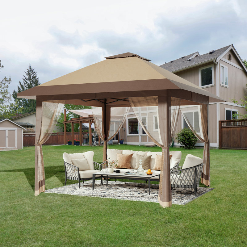13X13ft Outdoor Pop Up Gazebo, Height Adjustable Pop Up Tent Gazebo With Mesh Cover, Khaki