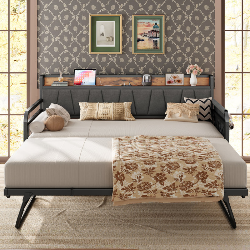 Bed Frame With Storage Headboard And Charging Station, Twin, Gray