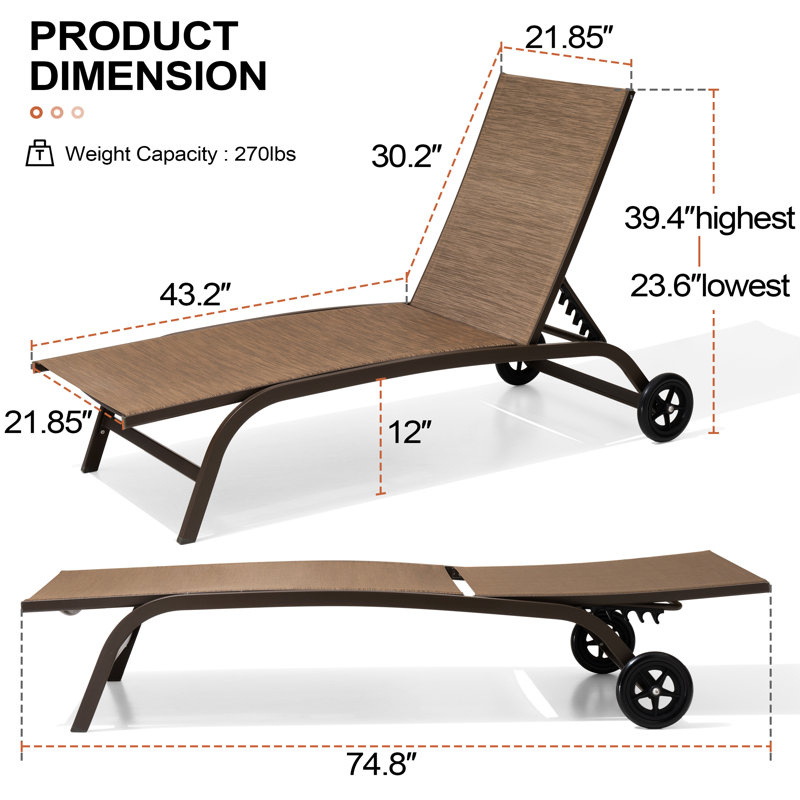 Chaise longue inclinable à roulettes 66,93 "Bembo (ensemble de 2), Brun