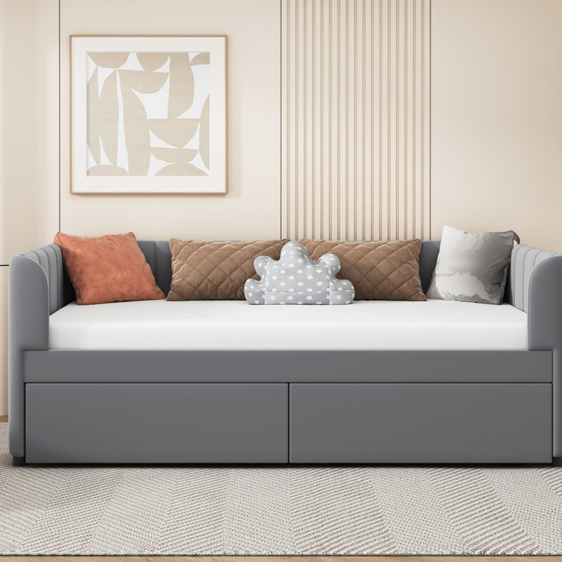 Lit de jour simple avec 2 tiroirs et support dorsal ergonomique - Tête de lit à rayures classique pour un essai pratique de chambre à coucher