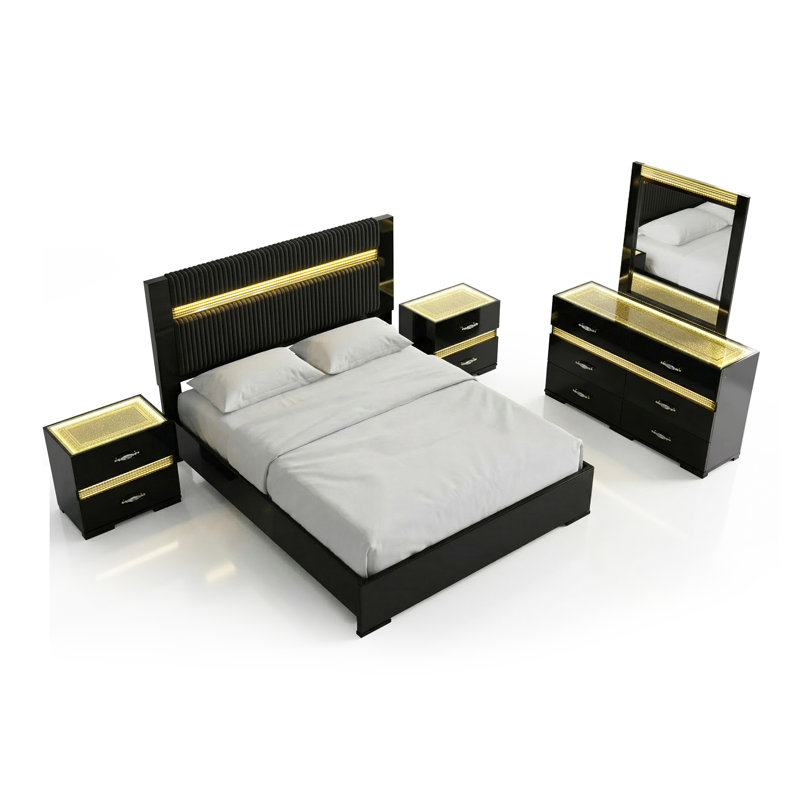 Ensemble de chambre à coucher 5 pièces avec DEL Brigette, Ensemble de 5 pièces : lit, 2 tables de chevet, , Grand lit
