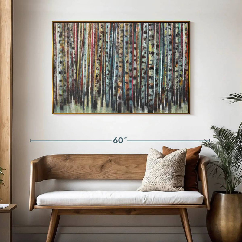 Forêt de bouleaux peinte, 46 po x 31 po, Cadre flottant doré