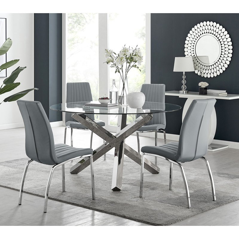 Vogo Modern Design Chrome and Glass Dining Table Set with 4 Soft Touch Faux Leather Dining Chairs, Elephant Grey/Silver