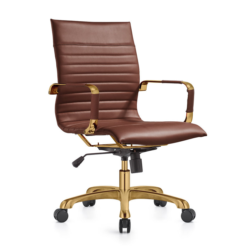 Sorrells Leather Office Conference Chair with Gold Steel Frame – Swivel Task Desk Chair with Adjustable Height, Tilt, and Casters