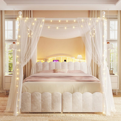 Lit à baldaquin princesse avec cadre en métal, tête de lit tapissier en velours avec lumières DEL, station de charge et tiroirs de rangement sous le lit