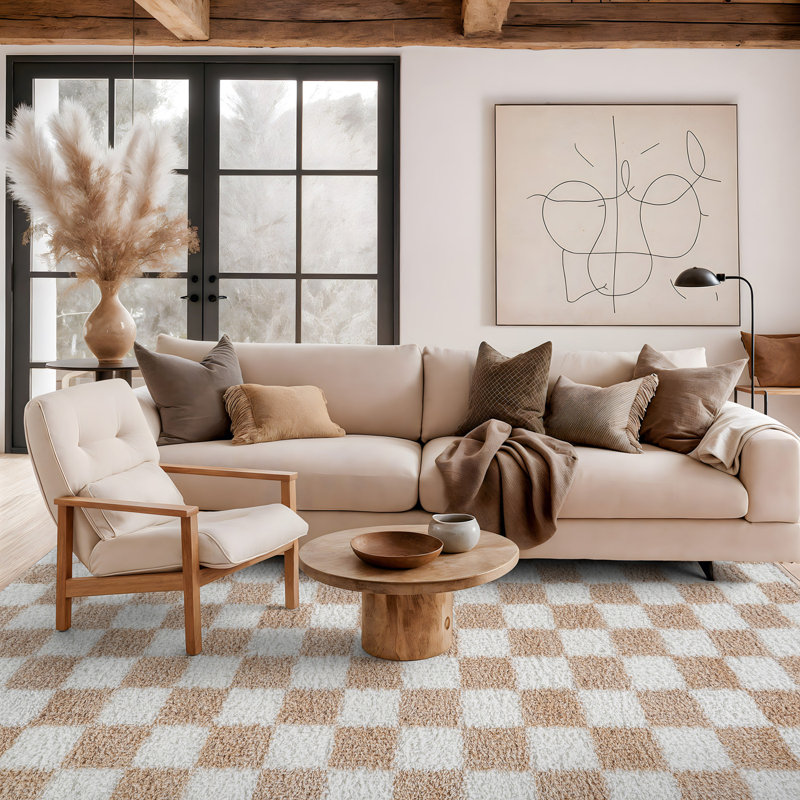 Beige Block Shag Rug – Medium Pile, Soft Texture, Kid & Pet Friendly, Rectangle 7'10" x 10'