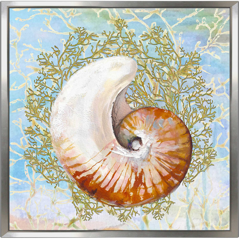«Shell Medley I», reproduction de peinture acrylique, H 21,5 po x l 21,5 po x P 2 po, Cadre flottant argent