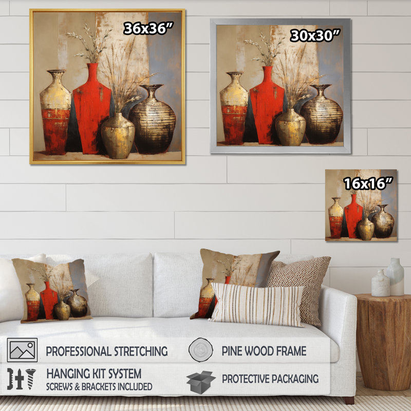 Cottage Vases rouges séchées, fleurs de blé sur toile, Cadre flottant doré, H 36 po x l 36 po x P 1,5 po