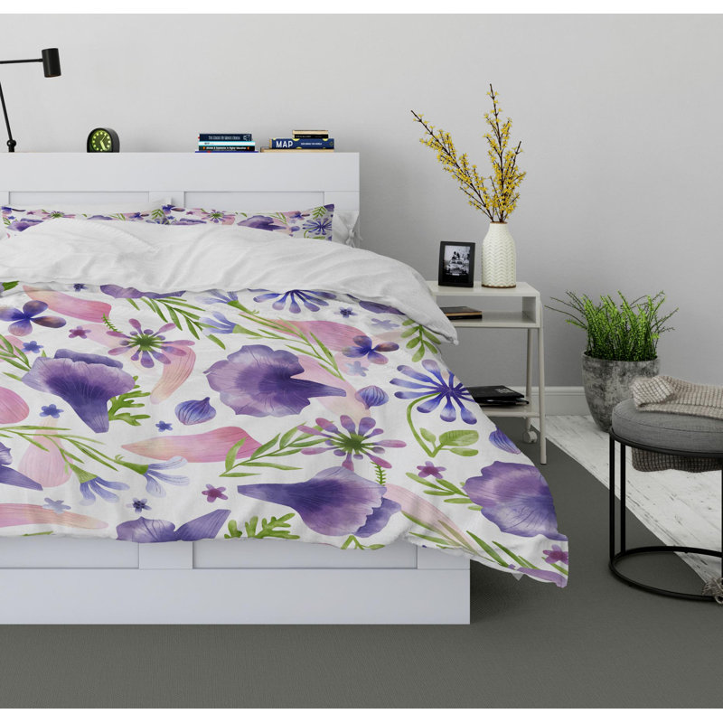 Purple Flowers Twill Duvet Cover, King Duvet Cover + 2 Pillow Cases