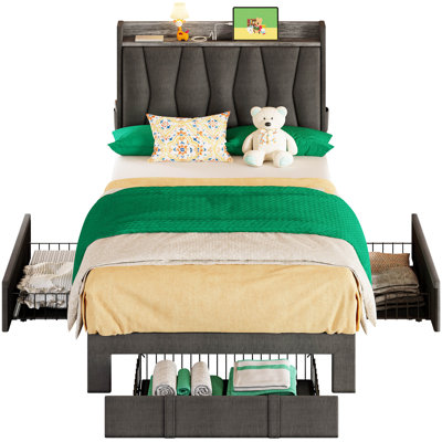 Upholstered Bed Frame with 3 Drawers, Bed with Storage Headboard and Charging Station