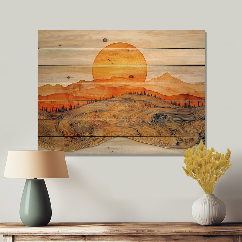 Lever de soleil sur un horizon de montagne en marbre - Art mural en bois forêt - sur bois de pin naturel