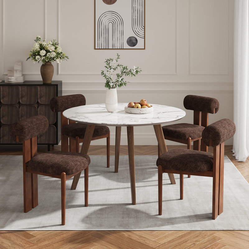 Chaises de salle à manger rembourrées modernes avec dossier roulé et pieds en bois massif, Marron foncé