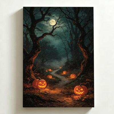 Tableau d'Halloween sur toile 61 x 91 cm. Des citrouilles illuminées bordent un chemin forestier brumeux sous la pleine lune. Impression sur toile, peinture à l'huile. Décoration murale moderne pour chambre, salon et bureau.