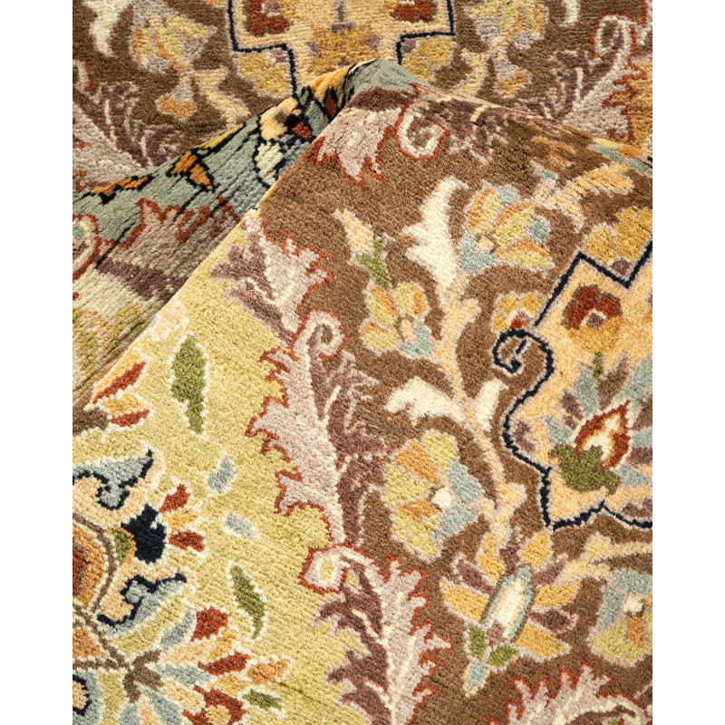 Tapis unique noué à la main sable / olive / bleu Trinia Mogul 8 pi 1 po