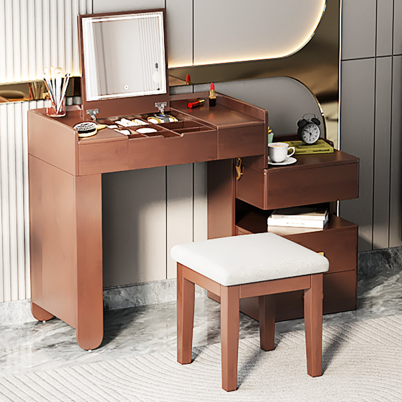 Meuble-lavabo en noyer 31 avec éclairage réglable en 3 couleurs, miroir rabattable et armoire latérale rétractable pour de nombreux tiroirs de rangement