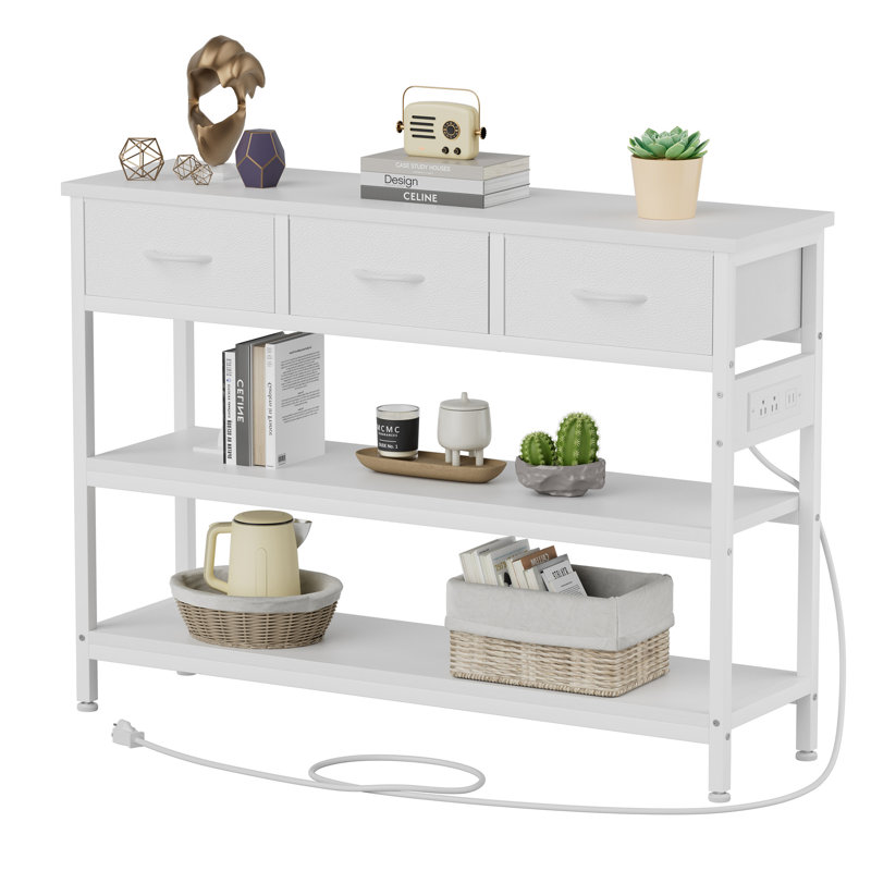 3-Tier Console Table With Charging Station & 3 Fabric Drawers,43.3'' Entryway Table With Storage Drawers And Open Shelves, Narrow Sofa Table With USB Ports And Outlets, Adjustable Feet, And Modern Design For Hallways, Living Rooms, And Small Spaces