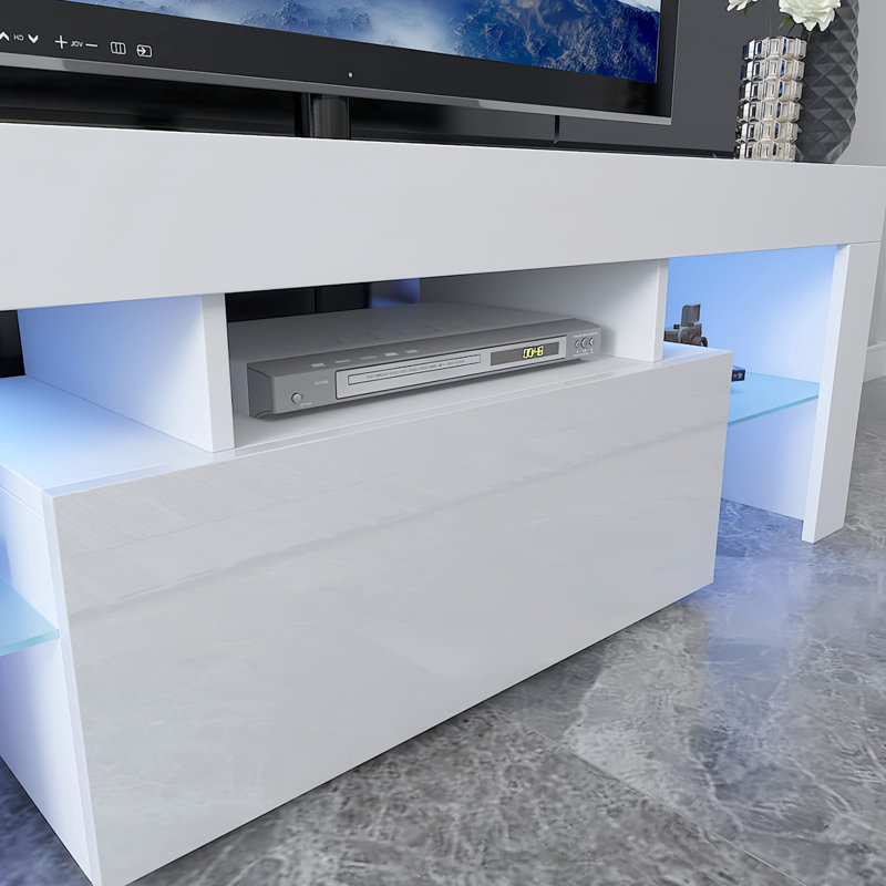Modern Led Tv Console Table, Up To 55-Inch Tvs, White With Large Storage, Glass Partition, Down Flip Door, High Glossy Front For Living Room & Bedroom Table Front, Shelf Decoration
