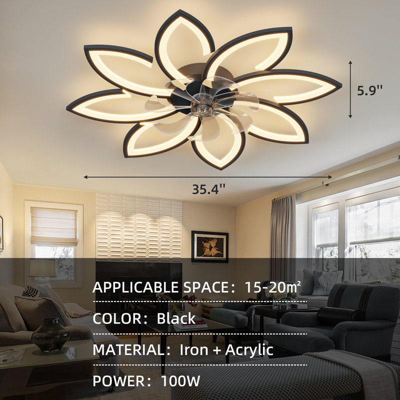 35 in. Indoor Black Bladeless Creative Flower Ceiling Fan With Light Remote Control, Dimmable 3-Color Modern Ceiling Fan