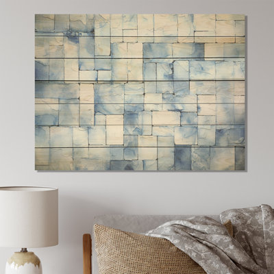 Carreaux scandinaves blancs et bleus II - mosaïque bohème sur bois