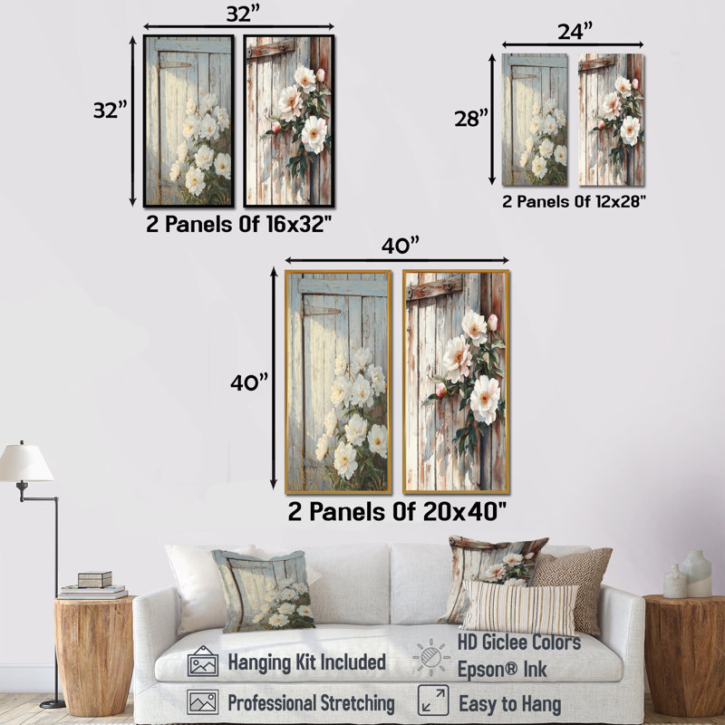 Pivoines par la porte de grange I - Collection d'art mural floral 2 pièces, H 32 po x l 33 po, Toile tendue
