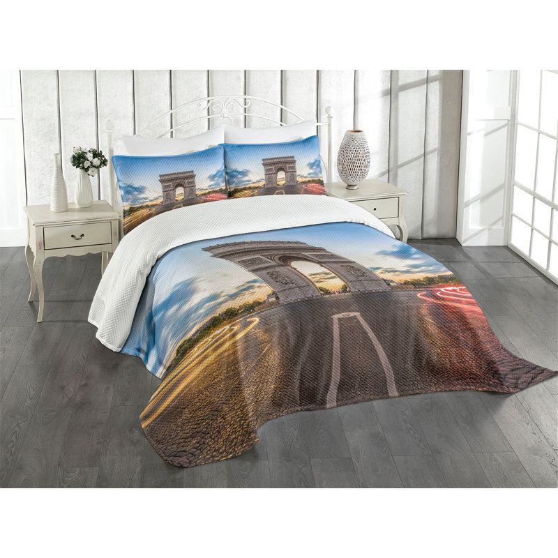 Ambesonne Paris Bedspread Set Famous Champs Elysees Multicolor, King Coverlet/Bedspread + 2 Standard Shams