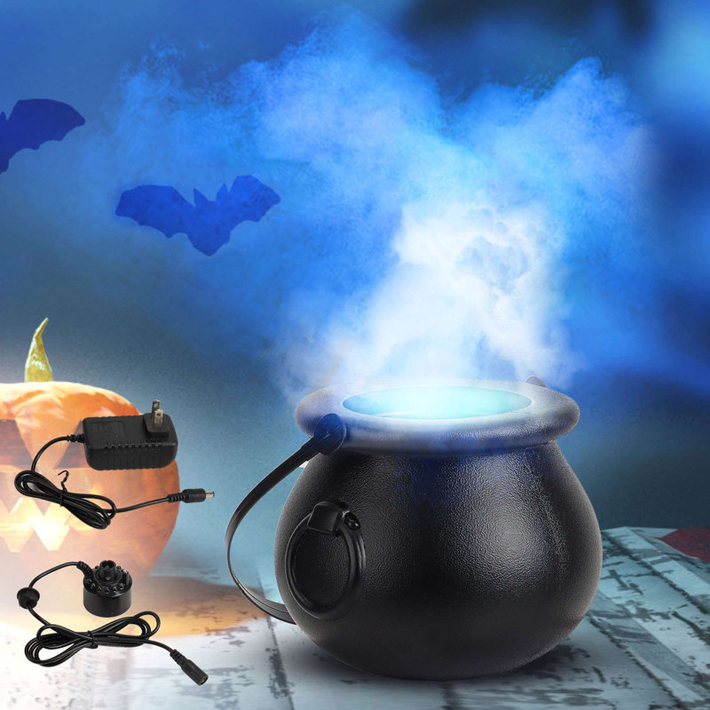 Halloween Mist Maker Fogger Witch Cauldron Fog Maker Fog Machine with Handle 12 LED Lights