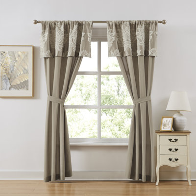 Therese Rod Pocket Damask Curtain Pair with Attached Valances