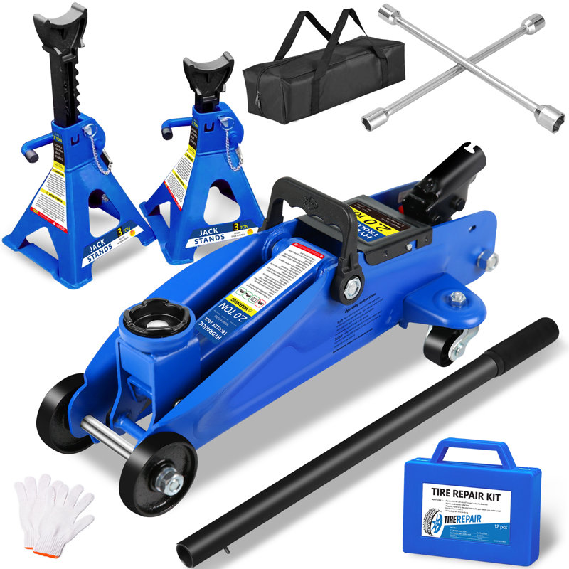 Cric de plancher de 2 tonnes avec roues, levage sûr et rapide, adapté pour une utilisation avec des véhicules en mouvement, offrant un support stable pour diverses voitures, portée de 5,3 po / 135 mm à une hauteur maximale de 13 po / 330 mm.