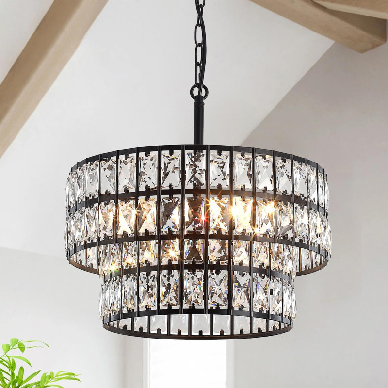 Modern 2-Tier Black Drum K9 Crystal Chandelier, Matte Black