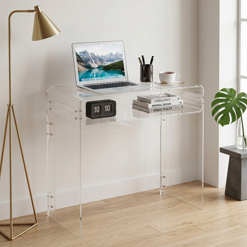 Bureau 33,5 po en acrylique transparent avec tablette de rangement, bureau d'écriture transparent moderne avec structure en acrylique épais pour chambre à coucher, dortoir et bureau personnel