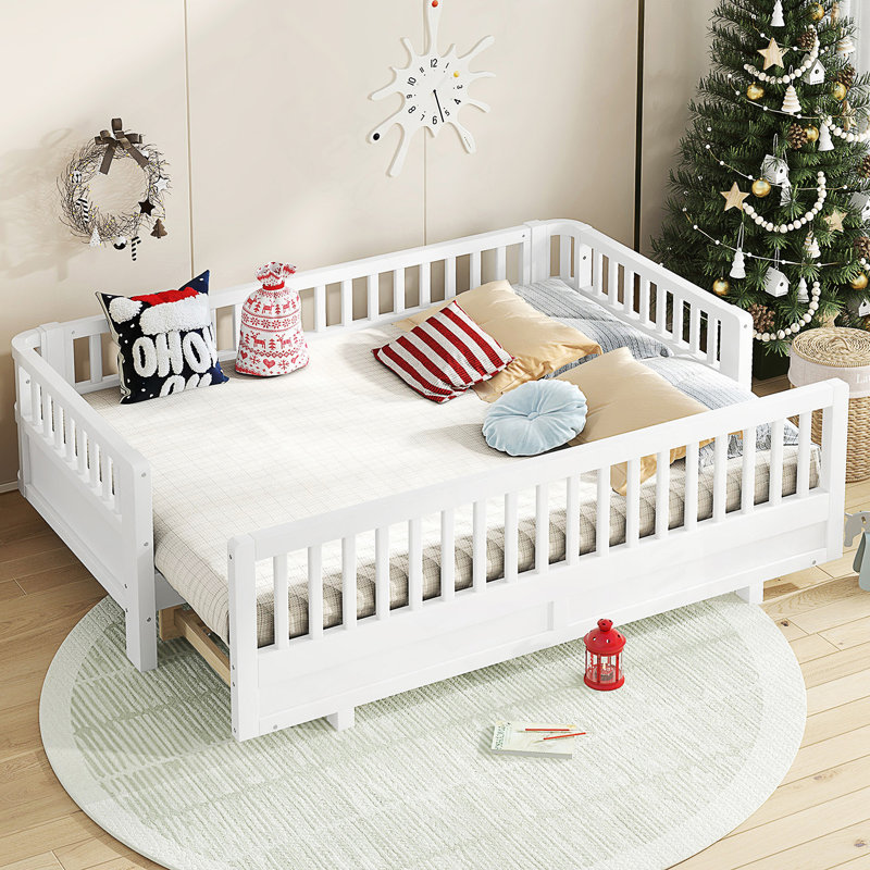 Convertible Twin XL To Queen Platform Bed With Guardrails, Solid Wood Frame For Safety And Flexibility, White, Twin XL