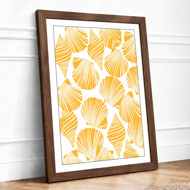 Golden Seashells Coastal - Framed Print, A3 - 42.0 x 29.7 cm, Walnut