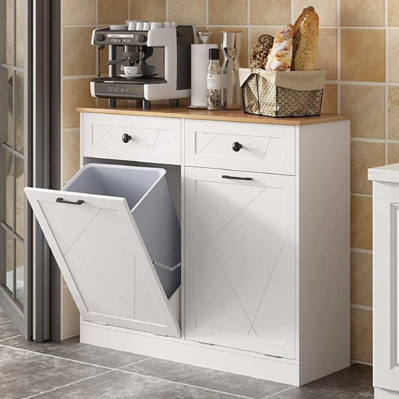 Wood 10 Gallon Cabinet Trash Can, White/Light Brown