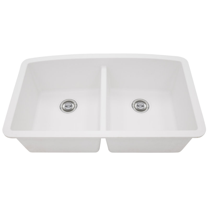 Évier de cuisine 32 po x 19 po à double cuve encastrable en quartz 50/50, Blanc