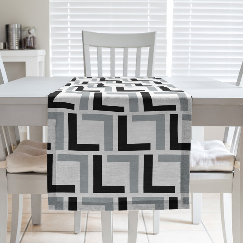 Chemin de table Carolina, 72 po x 16 po, Coton, Blanc / noir / argent 2