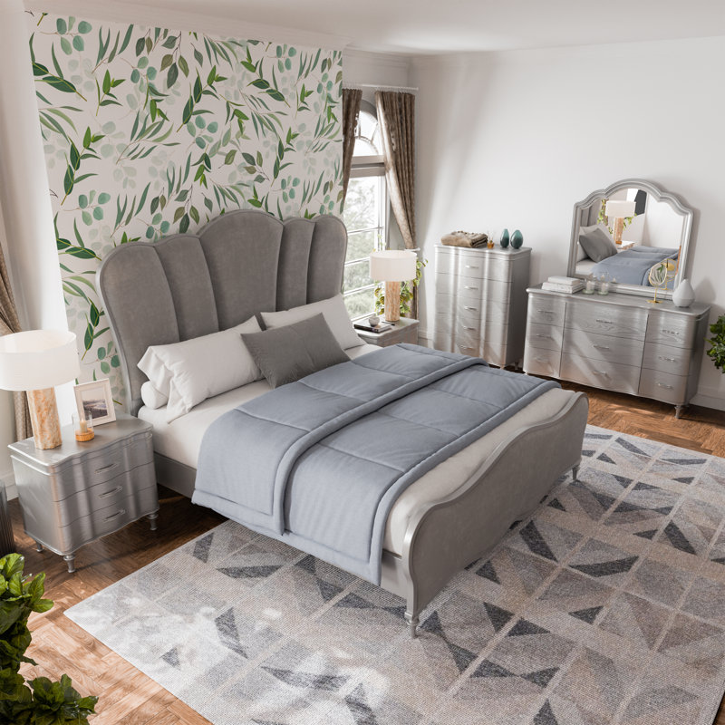 Ensemble de chambre à coucher 6 pièces, Gris, Grand, 6 pièces: lit, commode, commode, miroir, 2 tables