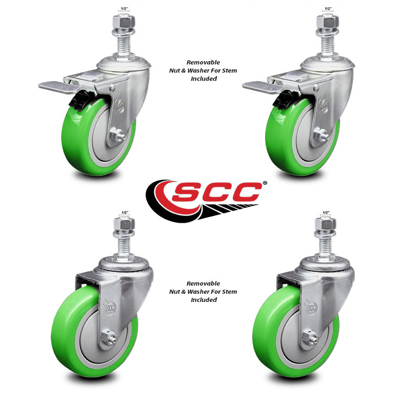 4 Inch SS Green Polyurethane ½ Inch Threaded Stem Caster Set 2 Total Lock Brake