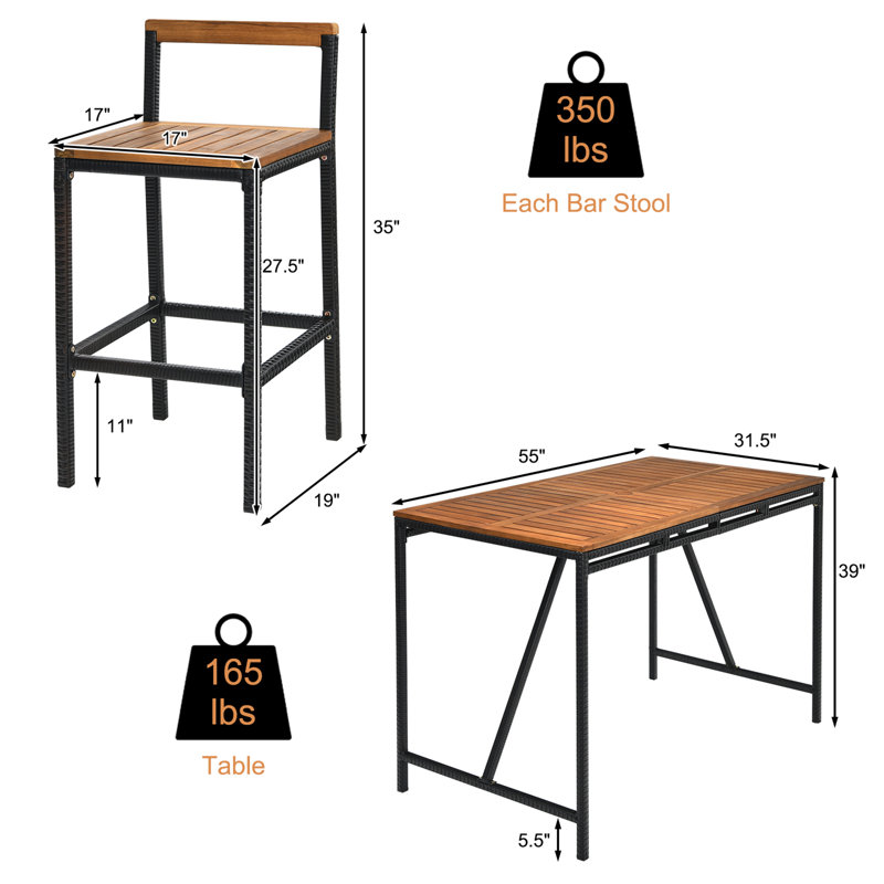 Ensemble de table de bar en rotin avec dessus en bois d'acacia, 6