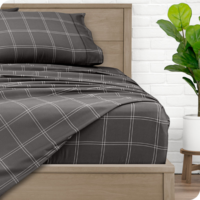 Twin XL Grey and White Plaid Microfiber Sheet Set