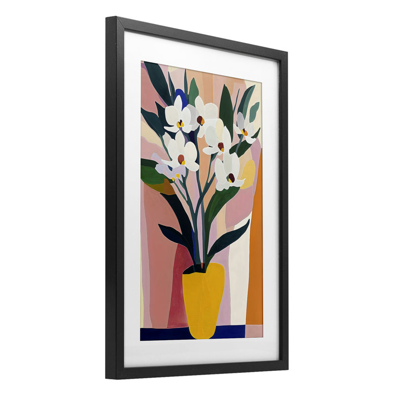 Vase jaune de grandes fleurs, reproduction encadrée sous verre, design by Creative Studio, H 20 po x l 14 po, Noir