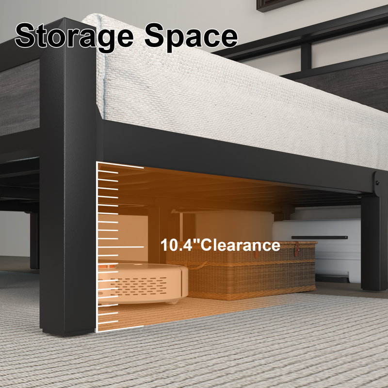 Dilem Bed Frame With LED Light, Industrial Platform Bed With Charging Station, 2-Tier Storage Headboard, No Box Spring Needed, Noise-Free, Strong Support Legs