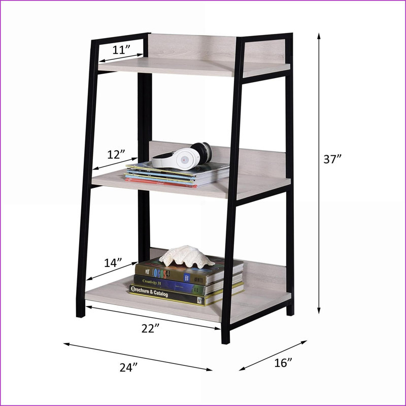 Wendral Bookshelf, Leaning-Ladder Style with 3 Open Compartments | Natural, Black | Metal, Synthetic Wood, Black/Natural