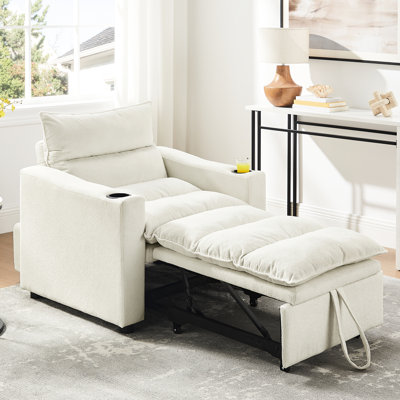 Canapé-lit ajustable, convertible de 31 po avec beige pour petit appartement, design moderne, porte-gobelet, espace d'appoint en velours, cadre, confortable