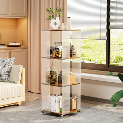 119cm H 4 Tier Rolling Display Cabinet Bookshelf Bookcase With Wheels Floor Standing Curio Cabinet With Acrylic And Wood